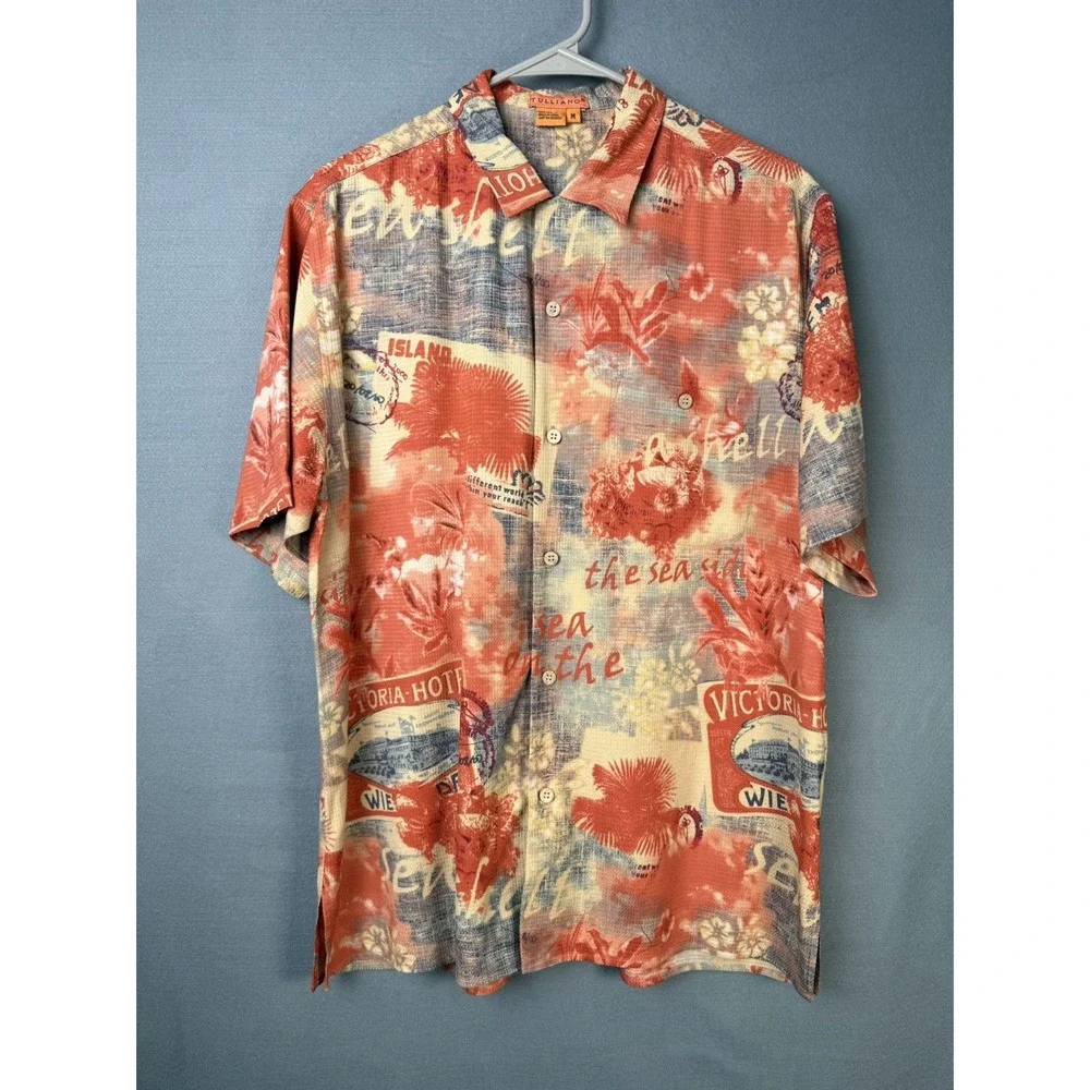 Tulliano 100% Silk Shirt Mens M Abstract Tropical Short Sleeve Button Up Relaxed